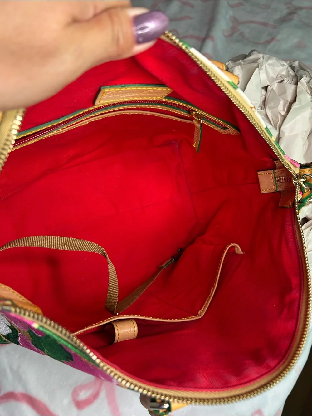 Dooney & Bourke Pink, White & Green Floral Satchel with Tan Trim